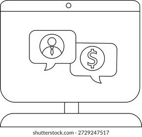 Un monitor muestra burbujas de discurso con un icono de persona y un signo de dólar