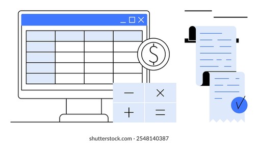 Um monitor exibe uma planilha com uma calculadora, cifrão e recebimentos ao lado dela. Ideal para finanças, contabilidade, orçamento, controle de despesas, gerenciamento de faturas. Estilo de vetor simples. Azul