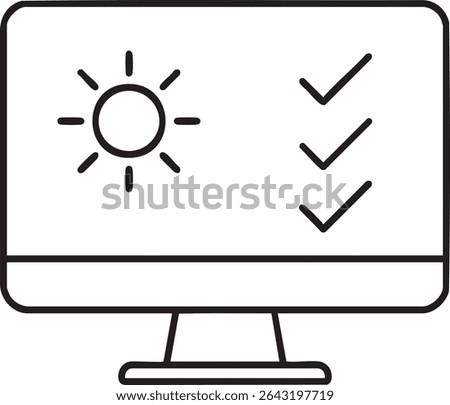 A monitor displays a sun icon and three checkmarks, suggesting brightness settings and completed tasks, all in a minimalist outline.