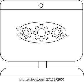 A monitor displays three gears with arrows suggesting mechanical function