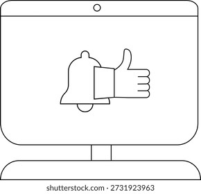 A monitor displays a thumbsup overlapping a bell icon