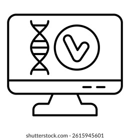 Monitor with DNA approval thin line icon, genetic research concept. Vector graphics. Display with DNA chain, test sign on white background, linear style for mobile or design