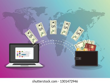 Monitor with dollars, concept of earnings in internet network, online finance, electronic wallet, freelance work, financial success. Vector illustration.