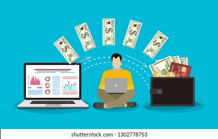 Monitor with dollars, concept of earnings in internet network, online finance, electronic wallet, freelance work, financial success. Vector illustration.