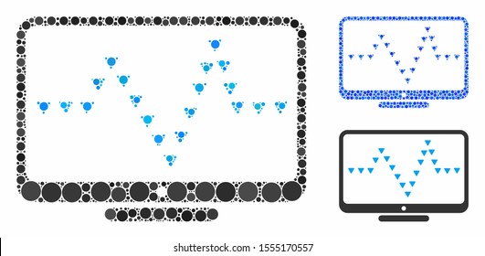 Monitor dotted pulse composition of circle elements in variable sizes and shades, based on monitor dotted pulse icon. Vector circle elements are united into blue collage.