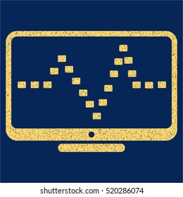 Monitor Dotted Pulse grainy textured icon for overlay watermark stamps. Flat symbol with scratched texture. Dotted vector yellow ink rubber seal stamp with grunge design on a blue background.