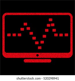 Monitor Dotted Pulse grainy textured icon for overlay watermark stamps. Flat symbol with unclean texture. Dotted vector red ink rubber seal stamp with grunge design on a black background.
