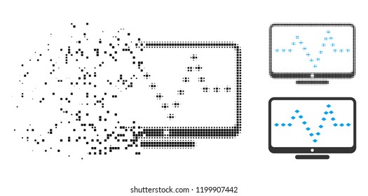 Monitor dotted pulse icon in dispersed, dotted halftone and undamaged entire variants. Pixels are composed into vector dispersed monitor dotted pulse form. Disappearing effect involves square pixels.