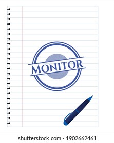 Monitor dibujado con pluma. Tinta azul. Ilustración vectorial. Detallado. 