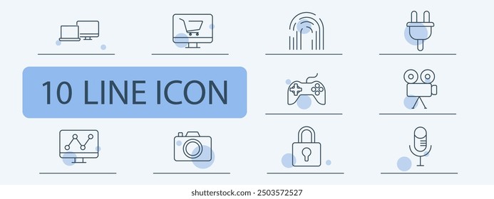 Monitor, e-commerce, fingerprint, power plug, game controller, video camera, data analytics, camera, padlock, microphone