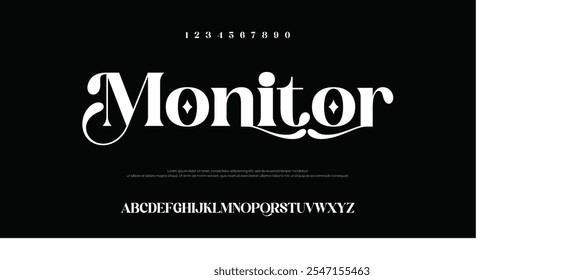 Monitor Elegant awesome alphabet letters font and number. Classic Lettering Minimal Fashion Designs. Typography fonts regular uppercase and lowercase.