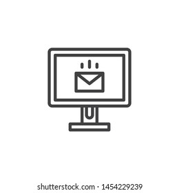 Monitor with email line icon. linear style sign for mobile concept and web design. Pc monitor with envelope message outline vector icon. Symbol, logo illustration. Vector graphics