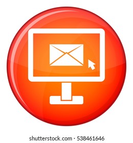 Monitor with email sign icon in red circle isolated on white background vector illustration