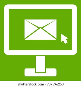 Monitor with email sign icon white isolated on green background. Vector illustration
