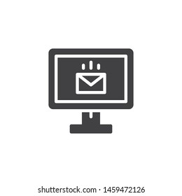 Monitor with email vector icon. filled flat sign for mobile concept and web design. Pc monitor with envelope message glyph icon. Symbol, logo illustration. Vector graphics