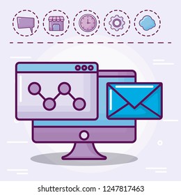 monitor with envelope mail and set icons