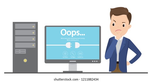 Monitor with error page and sad male,failure connect,page not found and error,isolated on white background,flat vector illustration