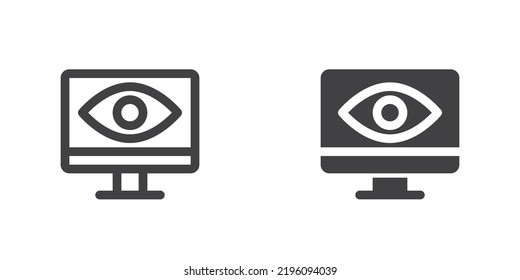 Monitor with eye icon, line and glyph version, outline and filled vector sign. linear and full pictogram. Monitoring symbol, logo illustration. Different style icons set