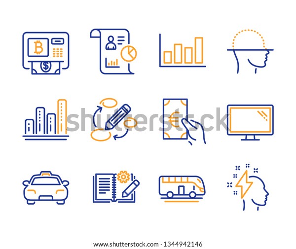 Monitor, Face scanning and Keywords icons simple\
set. Graph chart, Bitcoin atm and Report diagram signs. Engineering\
documentation, Taxi and Report symbols. Line monitor icon. Colorful\
set. Vector