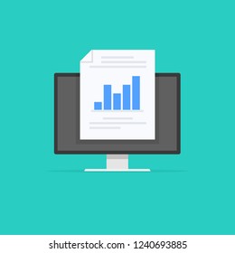 Monitor with financial report. Business strategy and planning. Data and investments. Business success. Computer monitor with infographic elements. Vector illustration.