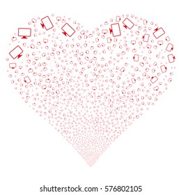 Monitor fireworks with heart shape. Vector illustration style is flat red iconic symbols on a white background. Object stream done from random pictograms.