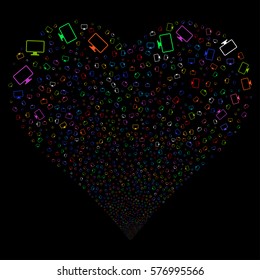Monitor fireworks with heart shape. Vector illustration style is flat bright multicolored iconic symbols on a black background. Object stream created from random pictographs.