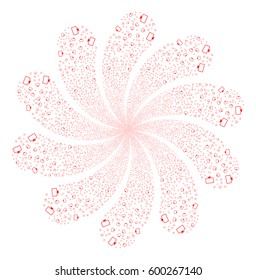 Monitor fireworks swirl flower with ten petals. Vector illustration style is flat red scattered symbols. Object twirl created from random pictographs.