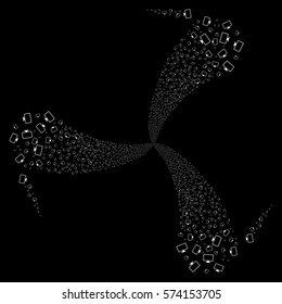 Monitor fireworks swirl rotation. Vector illustration style is flat white iconic symbols on a black background. Object whirl done from random pictograms.