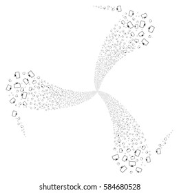 Monitor fireworks swirl rotation. Vector illustration style is flat gray iconic symbols on a white background. Object whirlpool organized from random symbols.