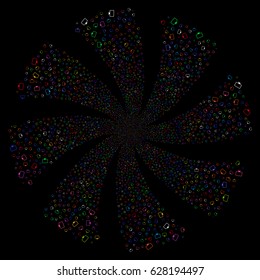 Monitor fireworks swirl rotation. Vector illustration style is flat bright multicolored iconic symbols on a black background. Object twirl created from random pictograms.