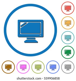 Monitor flat color vector icons with shadows in round outlines on white background