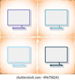 Monitor. Flat sticker with shadow on old paper. Vector illustration