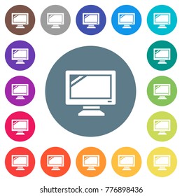 Monitor flat white icons on round color backgrounds. 17 background color variations are included.