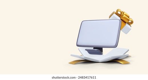 Monitor flies out of the gift box in 3D cartoon style. Vector illustration