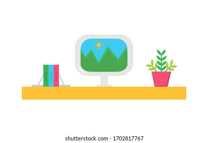 Monitor con flores y libros sobre la mesa. Composición acogedora y discreta para medios sociales, sitio web, afiche. Ilustración vectorial plana