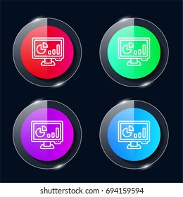 Monitor four color glass button ui ux icon. Glossy app icon logo vector