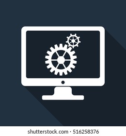 Monitor and gears flat icon with long shadow. Vector Illustration