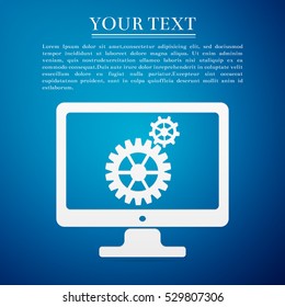 Monitor and gears flat icon on blue background. Vector Illustration