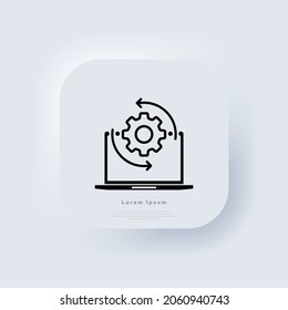 Monitor and gears icon. Adjusting app, setting options. IT support, software development, desktop upgrade and update. Neumorphic UI UX user interface web button. Neumorphism. Vector illustration.