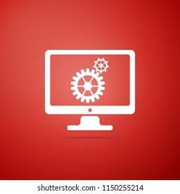 Monitor and gears icon isolated on red background. Monitor service concept. Adjusting app, setting options, maintenance, repair, fixing monitor concepts. Flat design. Vector Illustration