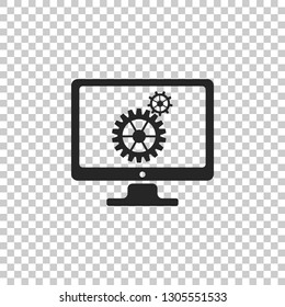 Monitor and gears icon isolated on transparent background. Monitor service concept. Adjusting app, setting options, maintenance, repair, fixing monitor concepts. Flat design. Vector Illustration