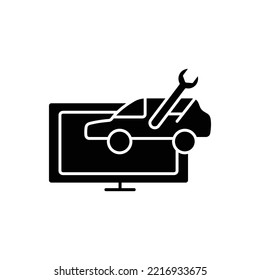 Monitor Glyph Icon Illustration With Car And Wrench. Suitable For Automotive Repair Icon. Icon Illustration Related Repair, Maintenance. Simple Vector Design Editable