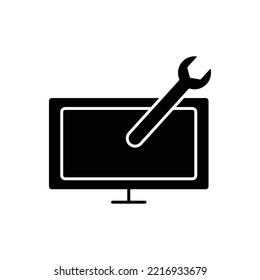Monitor glyph icon illustration with wrench. icon illustration related repair, maintenance. Simple vector design editable