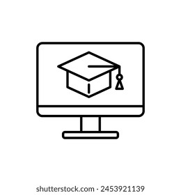 Monitor with graduation cap icon vector illustration. Online learning on isolated background. Distance learning sign concept.