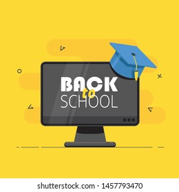 A monitor with a graduation cap on a yellow background.Vector illustration.