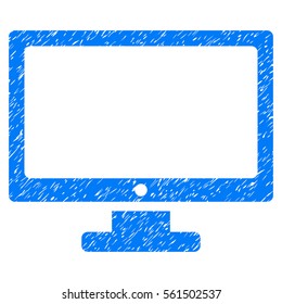 Monitor grainy textured icon for overlay watermark stamps. Flat symbol with scratched texture. Dotted vector blue ink rubber seal stamp with grunge design on a white background.