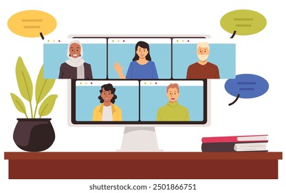 Monitor with a group of colleagues or students of different nationalities, video online conference. Virtual meeting. Distance education or remote work. Vector cartoon illustration