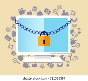 The monitor hanging chain and lock. Behind monitor various computer icons