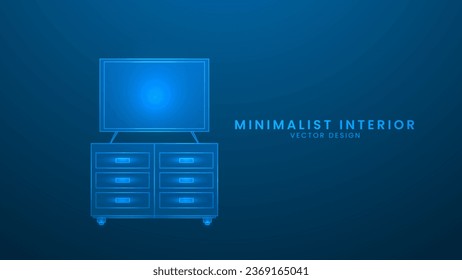 Monitor hanging on the wall. Television on wall and cabinet, minimalist interior with wood table. Vector illustration with light effect and neon