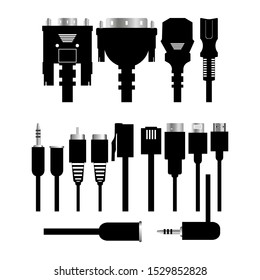 Monitor hardware icons ,cabels. Different types of universal computer cable connectors, cables Micro-USB, Mini-USB, USB Type-A, USB Type-B, cable tulip, cable jack
